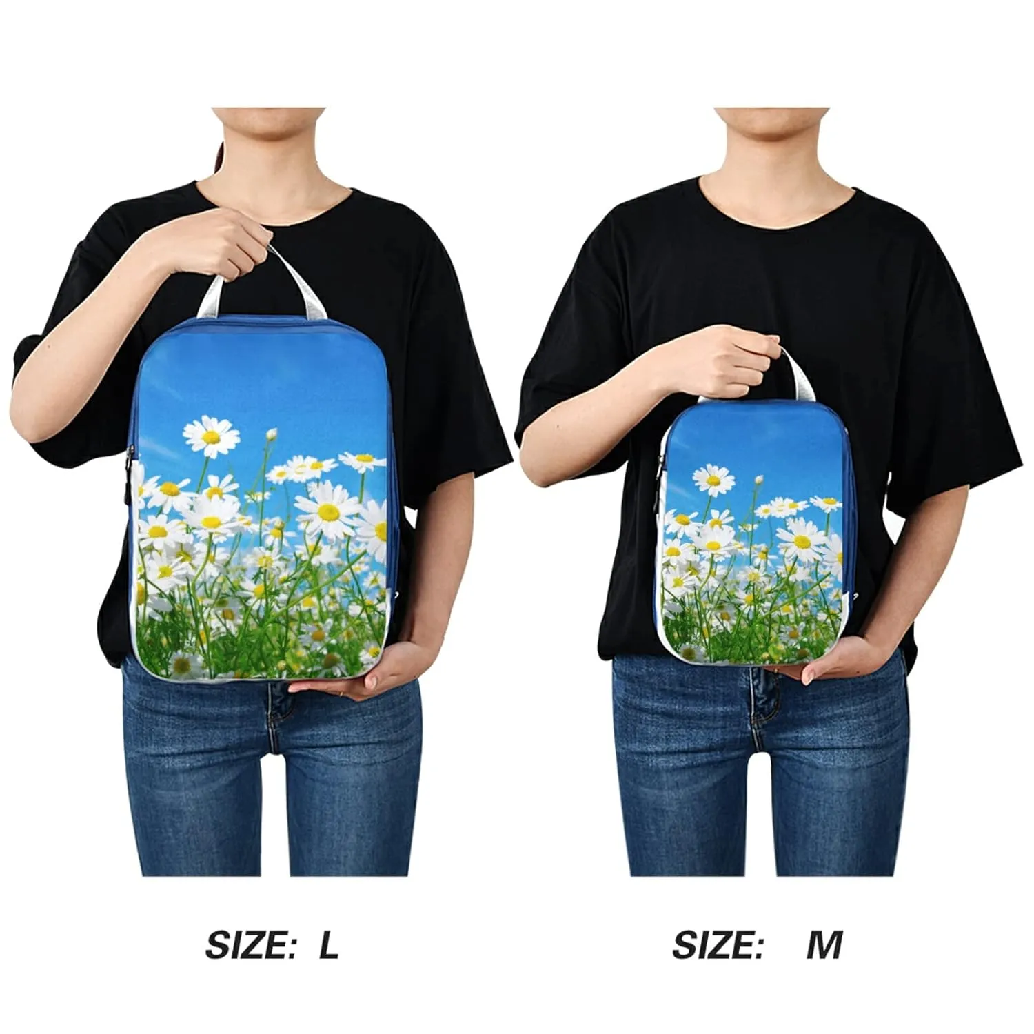 White Daisy Flowers Green Leaves Blue Style Good Weather 3 Piece set Cubes Expandable Adjustable Luggage Packing Bags, Ultralight Organizer Accessories Travel Suitcase Compressible Bags