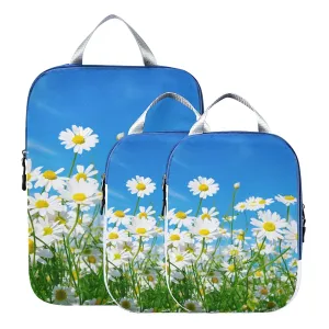 White Daisy Flowers Green Leaves Blue Style Good Weather 3 Piece set Cubes Expandable Adjustable Luggage Packing Bags, Ultralight Organizer Accessories Travel Suitcase Compressible Bags