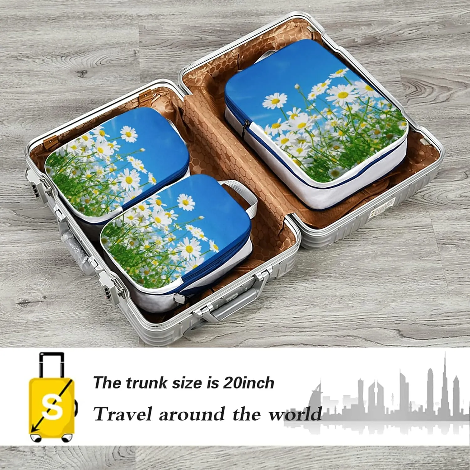 White Daisy Flowers Green Leaves Blue Style Good Weather 3 Piece set Cubes Expandable Adjustable Luggage Packing Bags, Ultralight Organizer Accessories Travel Suitcase Compressible Bags
