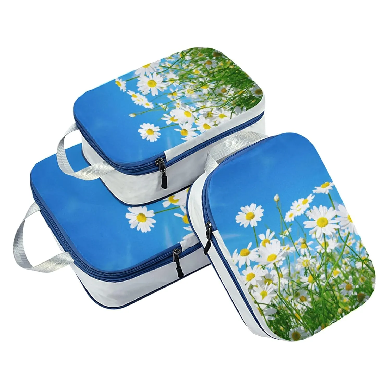 White Daisy Flowers Green Leaves Blue Style Good Weather 3 Piece set Cubes Expandable Adjustable Luggage Packing Bags, Ultralight Organizer Accessories Travel Suitcase Compressible Bags