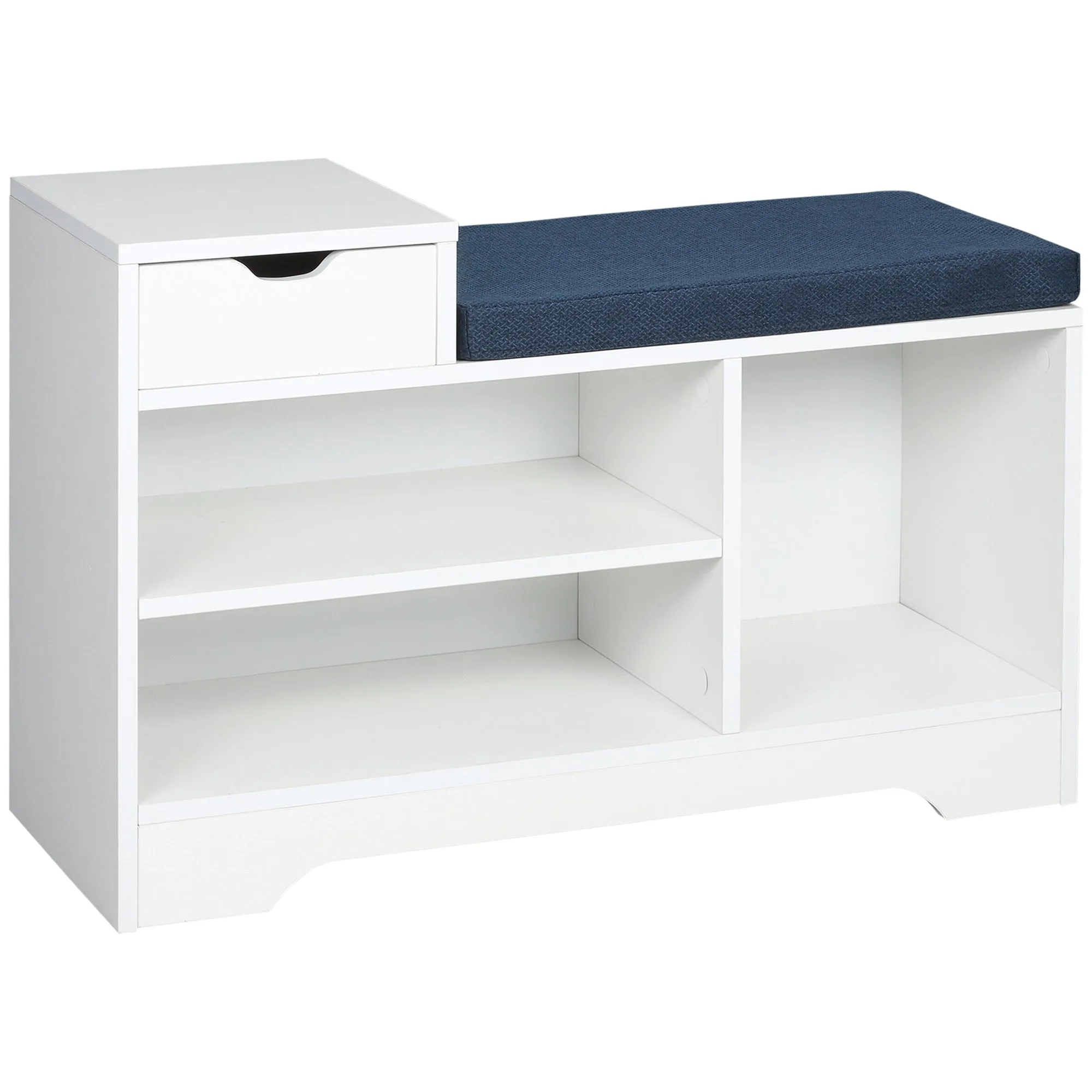 White Entryway Shoe Bench: Cushioned Seat with Storage Drawer & Open Shelving for Convenient Access