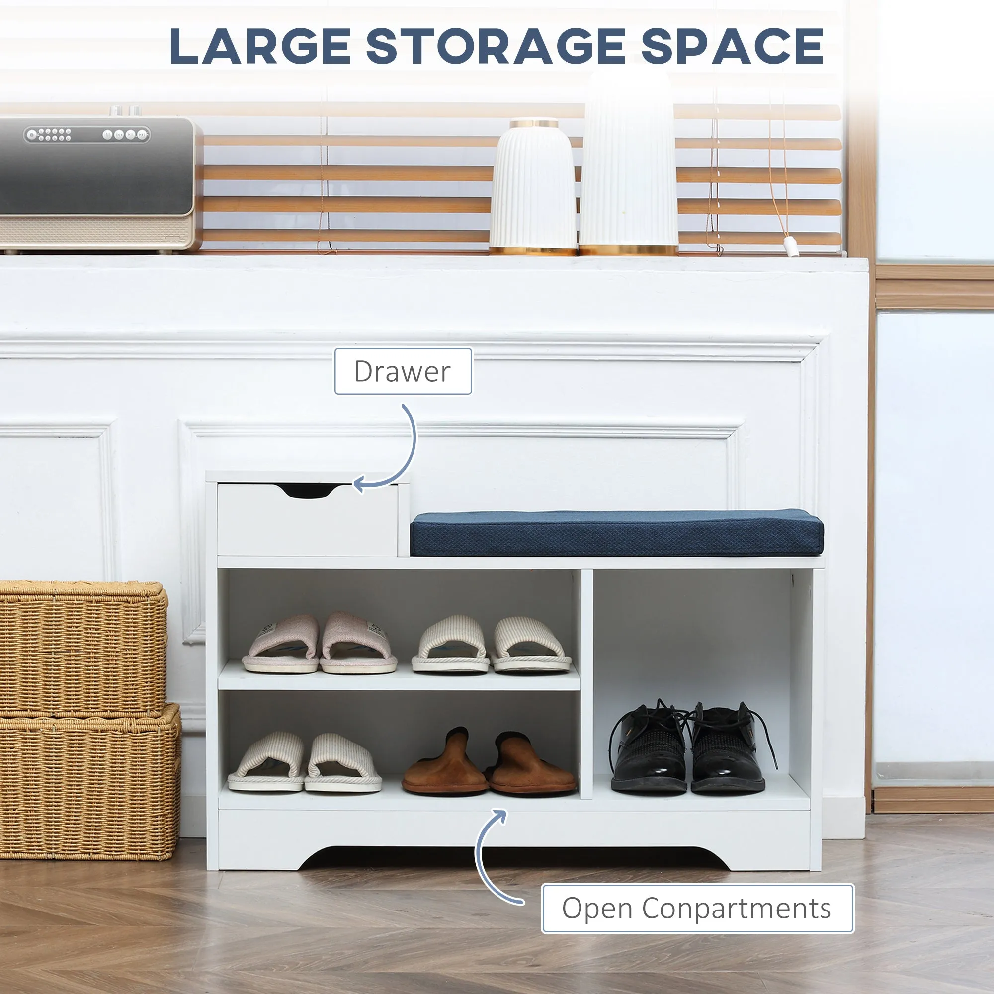 White Entryway Shoe Bench: Cushioned Seat with Storage Drawer & Open Shelving for Convenient Access