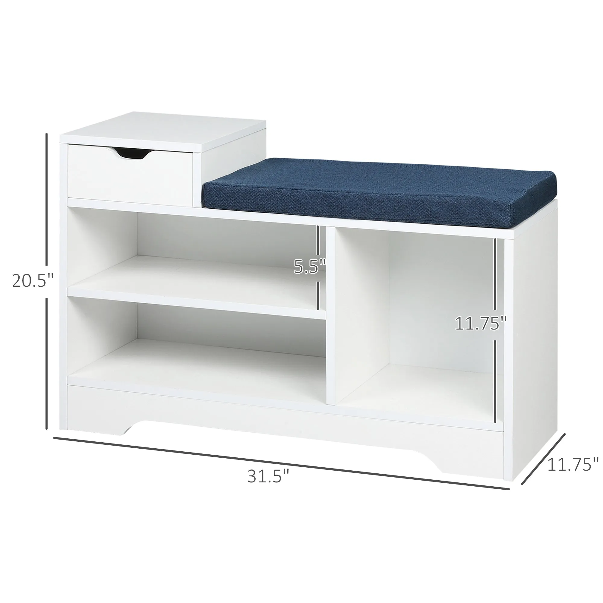 White Entryway Shoe Bench: Cushioned Seat with Storage Drawer & Open Shelving for Convenient Access