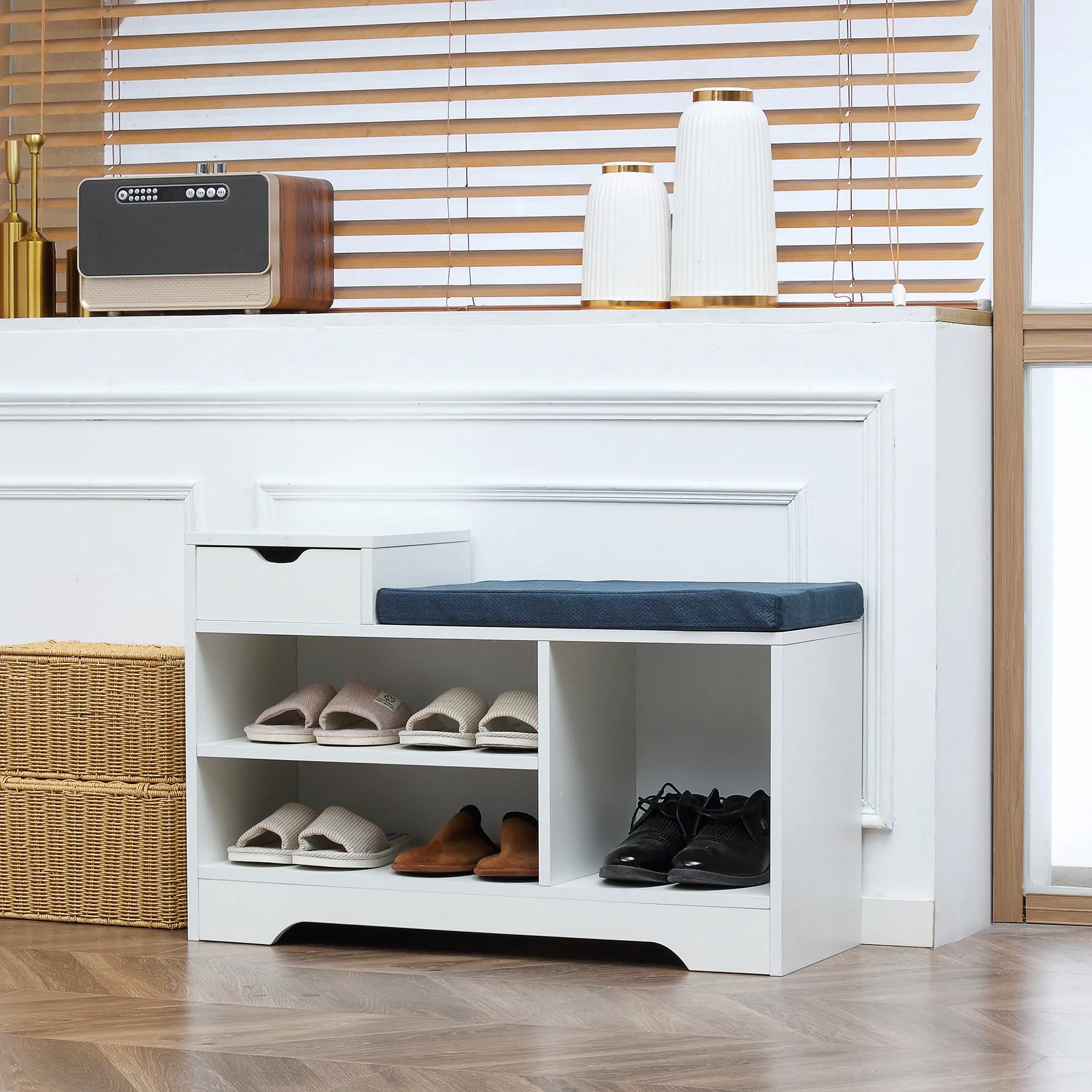 White Entryway Shoe Bench: Cushioned Seat with Storage Drawer & Open Shelving for Convenient Access