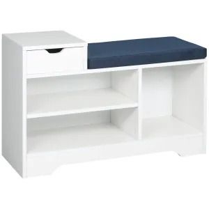 White Entryway Shoe Bench: Cushioned Seat with Storage Drawer & Open Shelving for Convenient Access