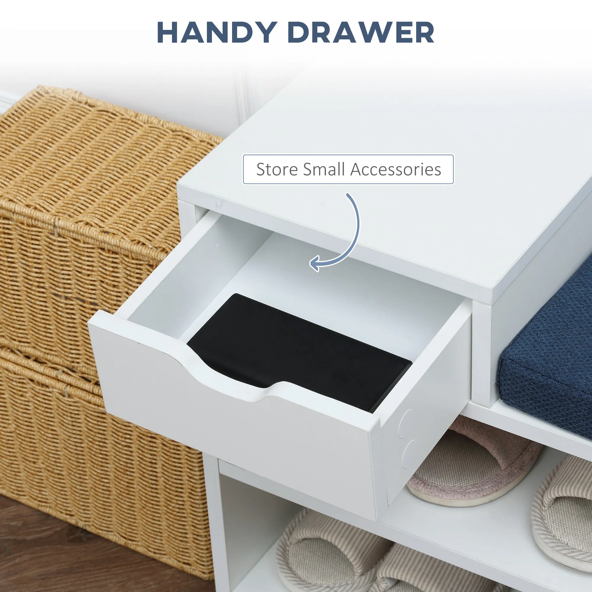 White Entryway Shoe Bench: Cushioned Seat with Storage Drawer & Open Shelving for Convenient Access