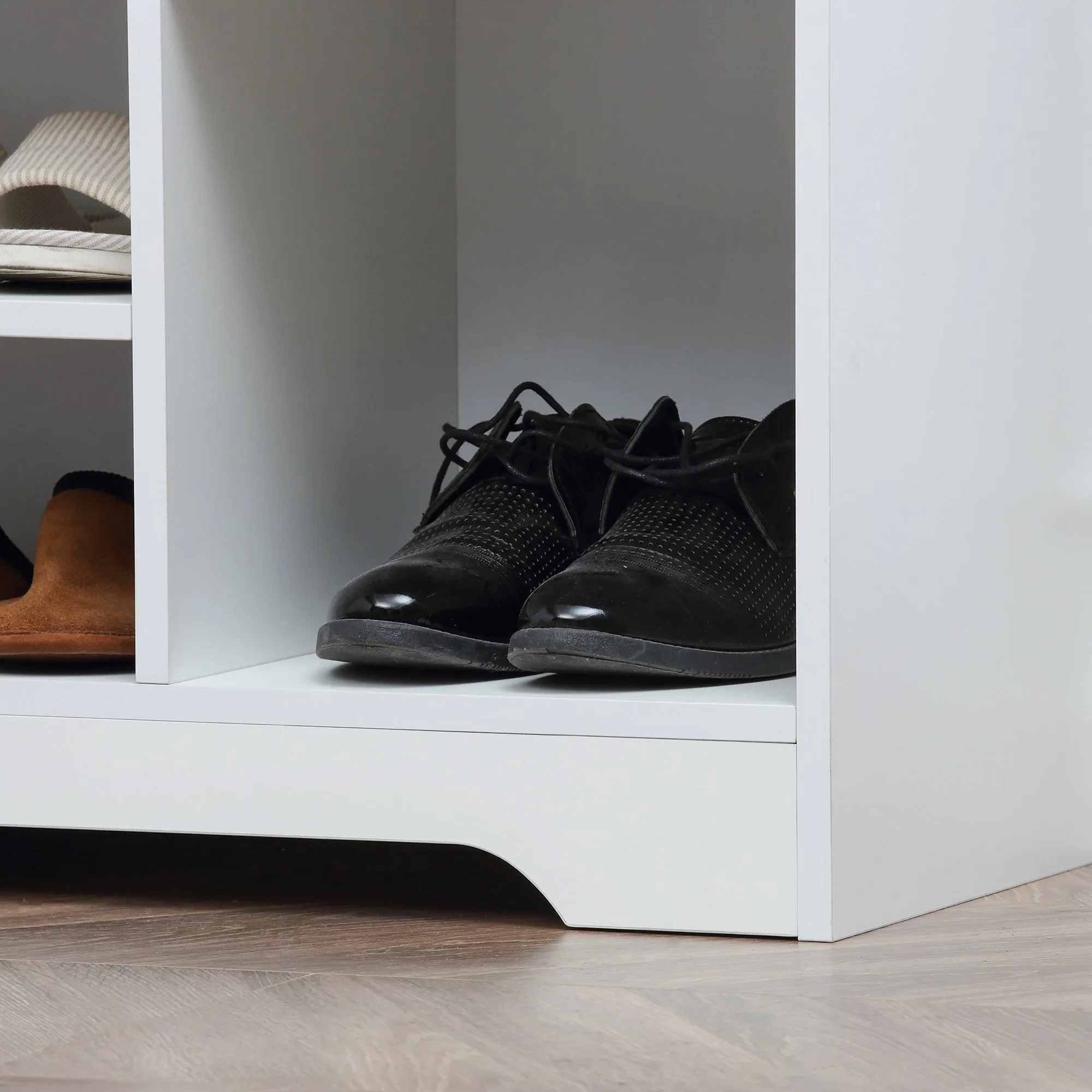 White Entryway Shoe Bench: Cushioned Seat with Storage Drawer & Open Shelving for Convenient Access