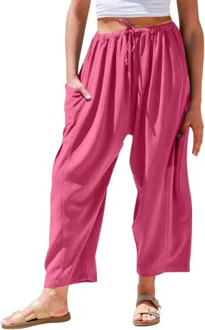 Wide Leg Capri Pants for Women Elastic Waist Casual Loose Summer Capris Beach Travel Vacation Palazzo Harem Pants
