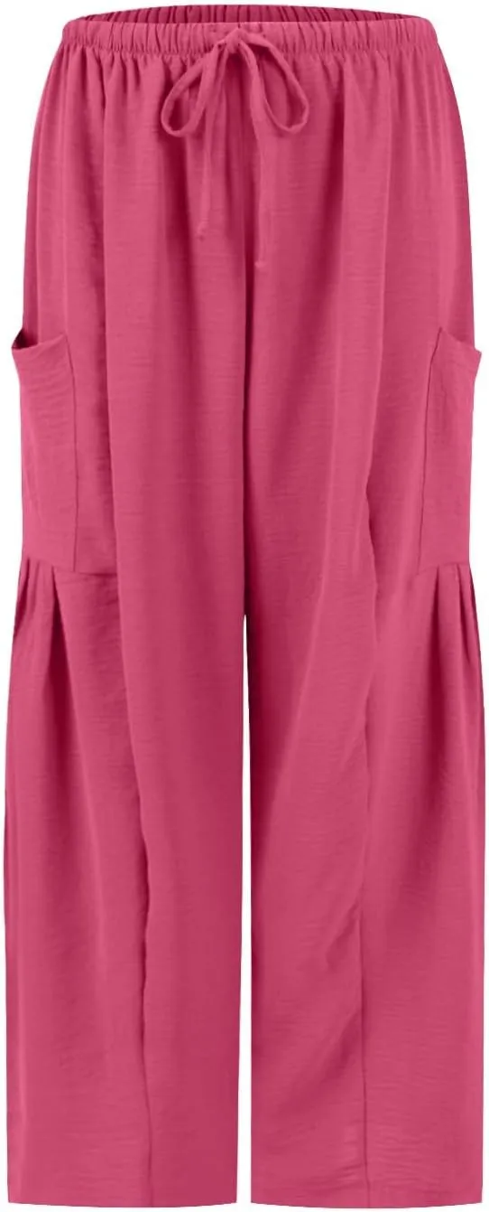 Wide Leg Capri Pants for Women Elastic Waist Casual Loose Summer Capris Beach Travel Vacation Palazzo Harem Pants