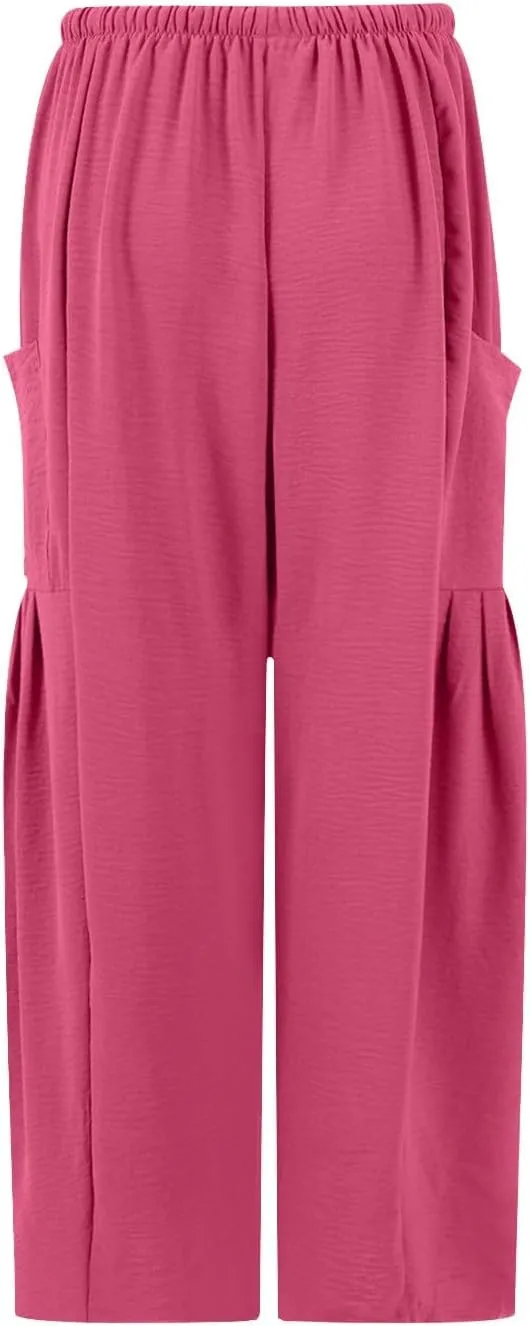 Wide Leg Capri Pants for Women Elastic Waist Casual Loose Summer Capris Beach Travel Vacation Palazzo Harem Pants