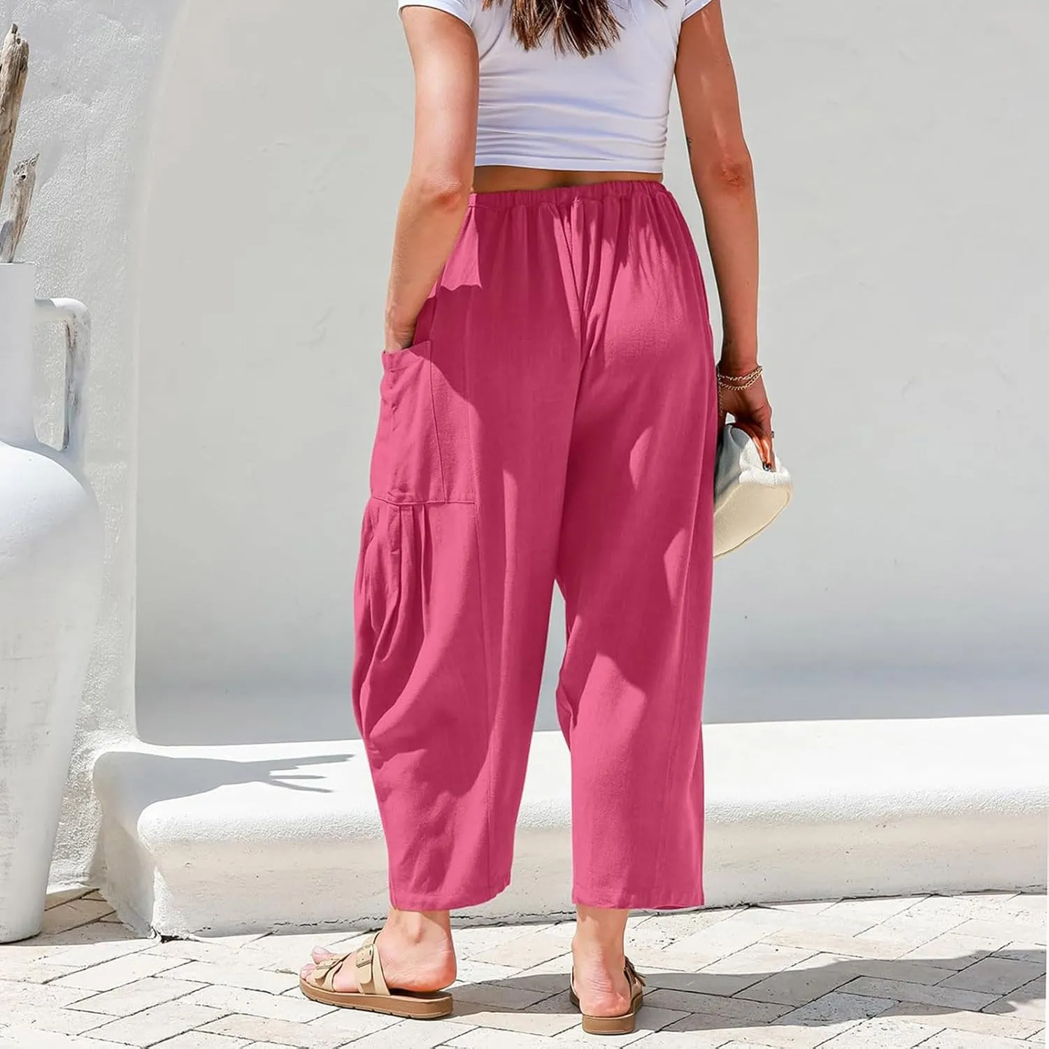 Wide Leg Capri Pants for Women Elastic Waist Casual Loose Summer Capris Beach Travel Vacation Palazzo Harem Pants