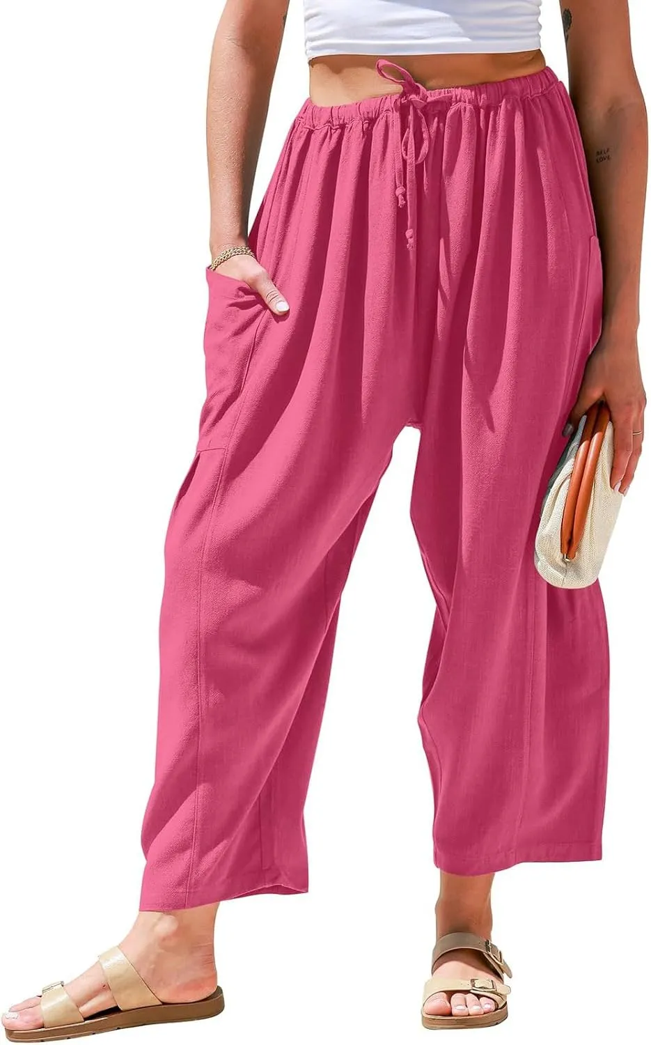 Wide Leg Capri Pants for Women Elastic Waist Casual Loose Summer Capris Beach Travel Vacation Palazzo Harem Pants