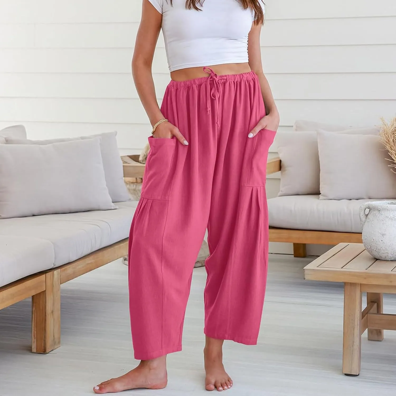 Wide Leg Capri Pants for Women Elastic Waist Casual Loose Summer Capris Beach Travel Vacation Palazzo Harem Pants