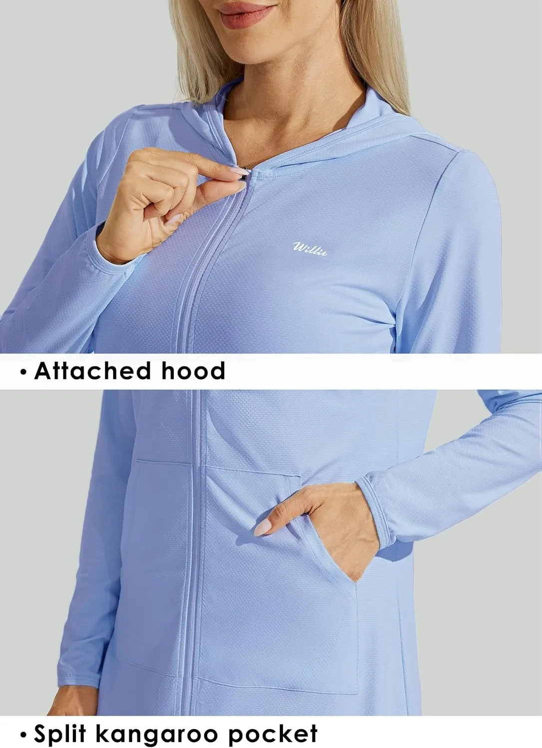 Willit UPF 50  Women's Swim Cover Up Sun Protection Beach Swimwear Bathing Suit Long Hoodie Jacket SPF