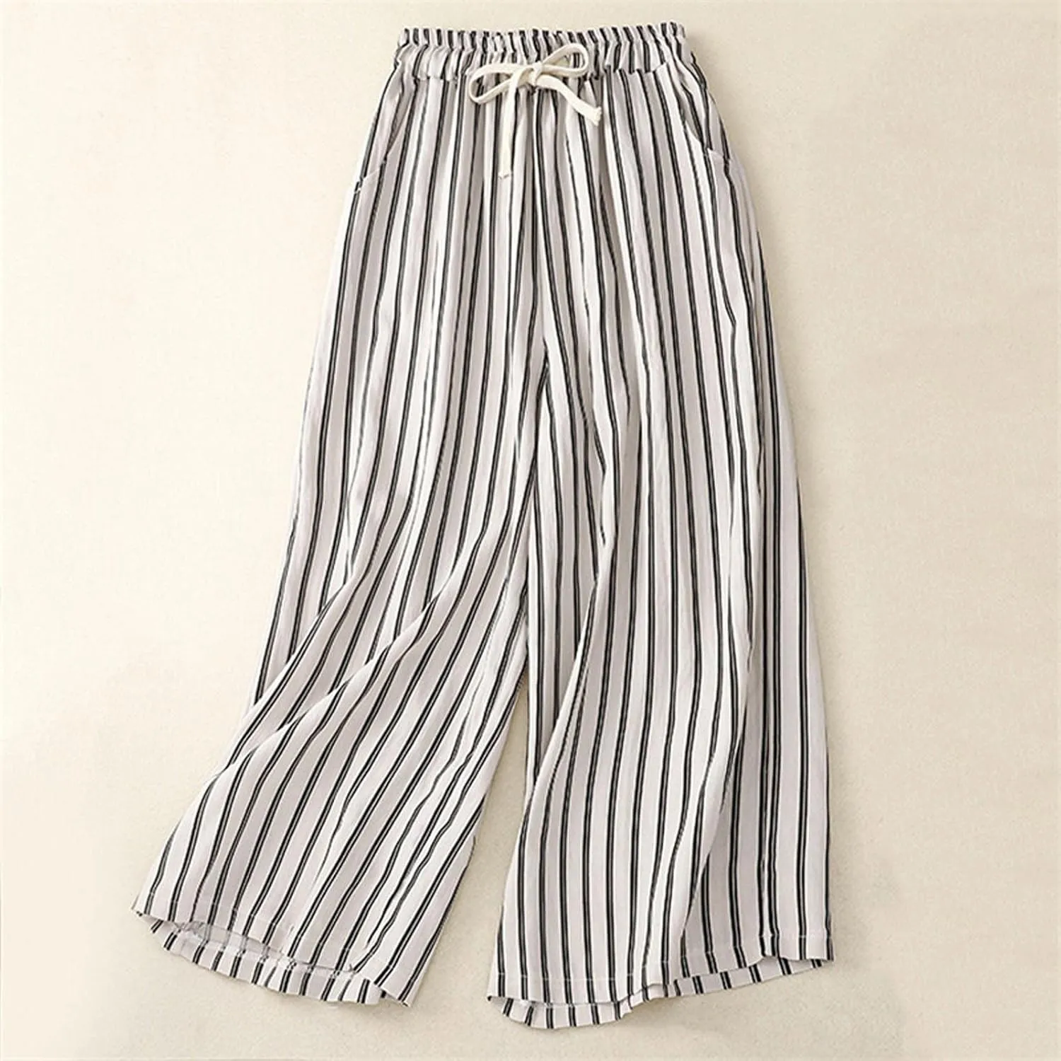 Women Cotton Linen Pants Wide Leg Striped Plus Size Pant High Waist Loose Comfy Trousers Casual Summer Fall Sweatpant