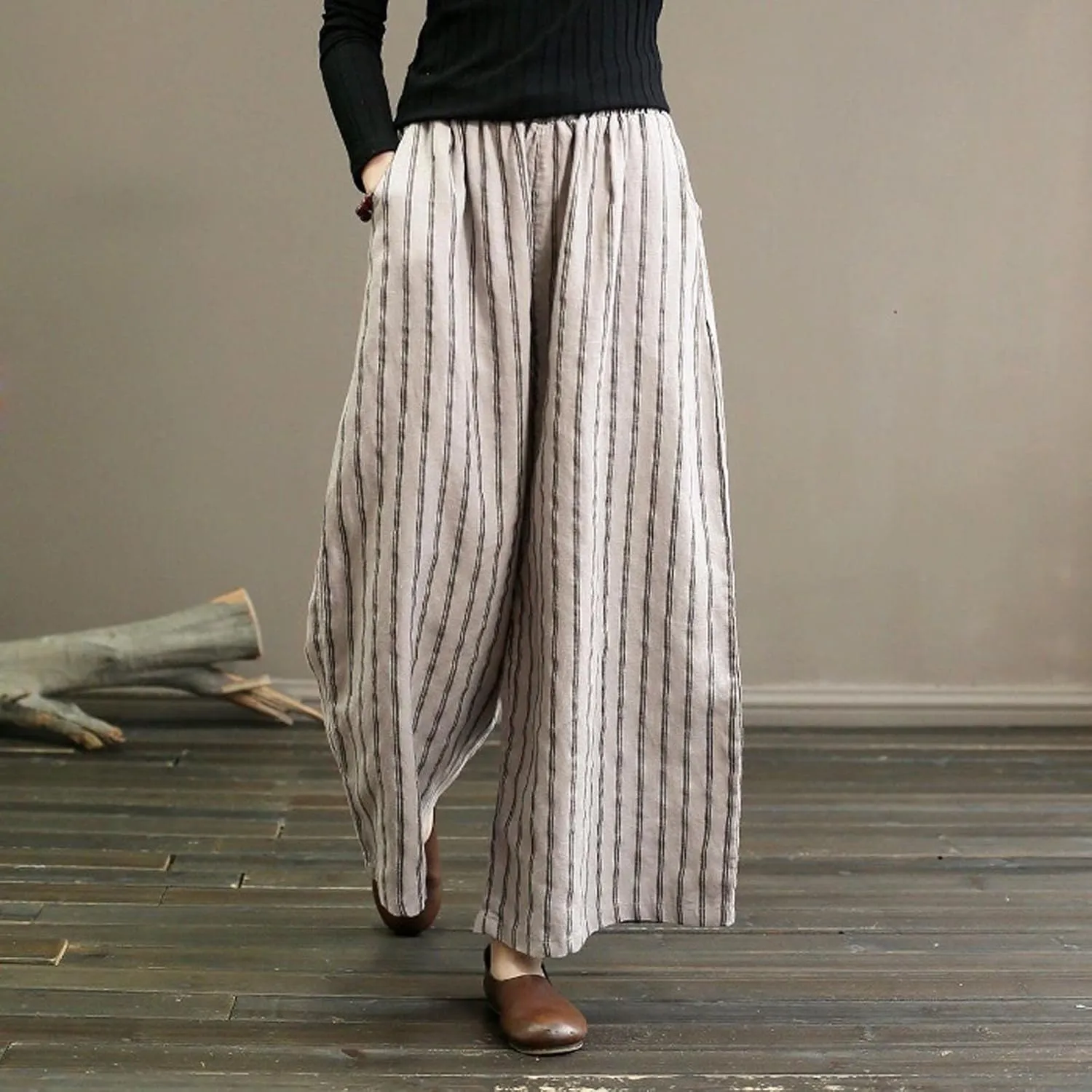 Women Cotton Linen Pants Wide Leg Striped Plus Size Pant High Waist Loose Comfy Trousers Casual Summer Fall Sweatpant