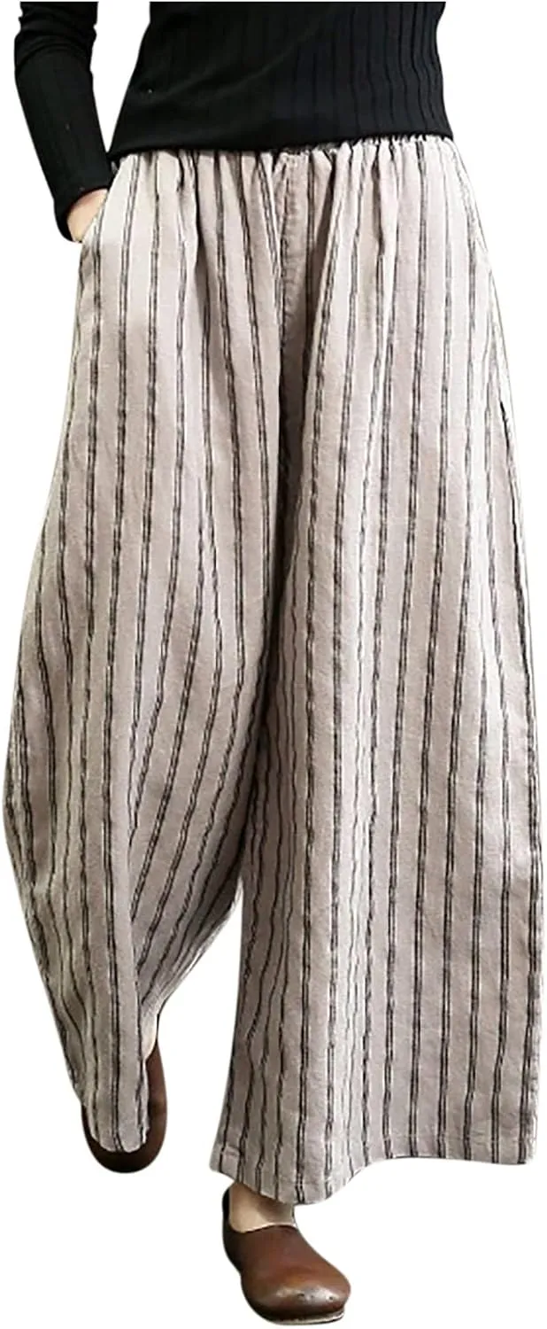 Women Cotton Linen Pants Wide Leg Striped Plus Size Pant High Waist Loose Comfy Trousers Casual Summer Fall Sweatpant