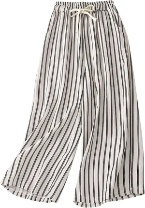Women Cotton Linen Pants Wide Leg Striped Plus Size Pant High Waist Loose Comfy Trousers Casual Summer Fall Sweatpant