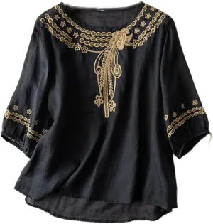 Women Cotton Linen Shirts Crew Neck Short Half Sleeve Floral Embroidered Casual Loose Tunic Tee Shirts Tops Blouse