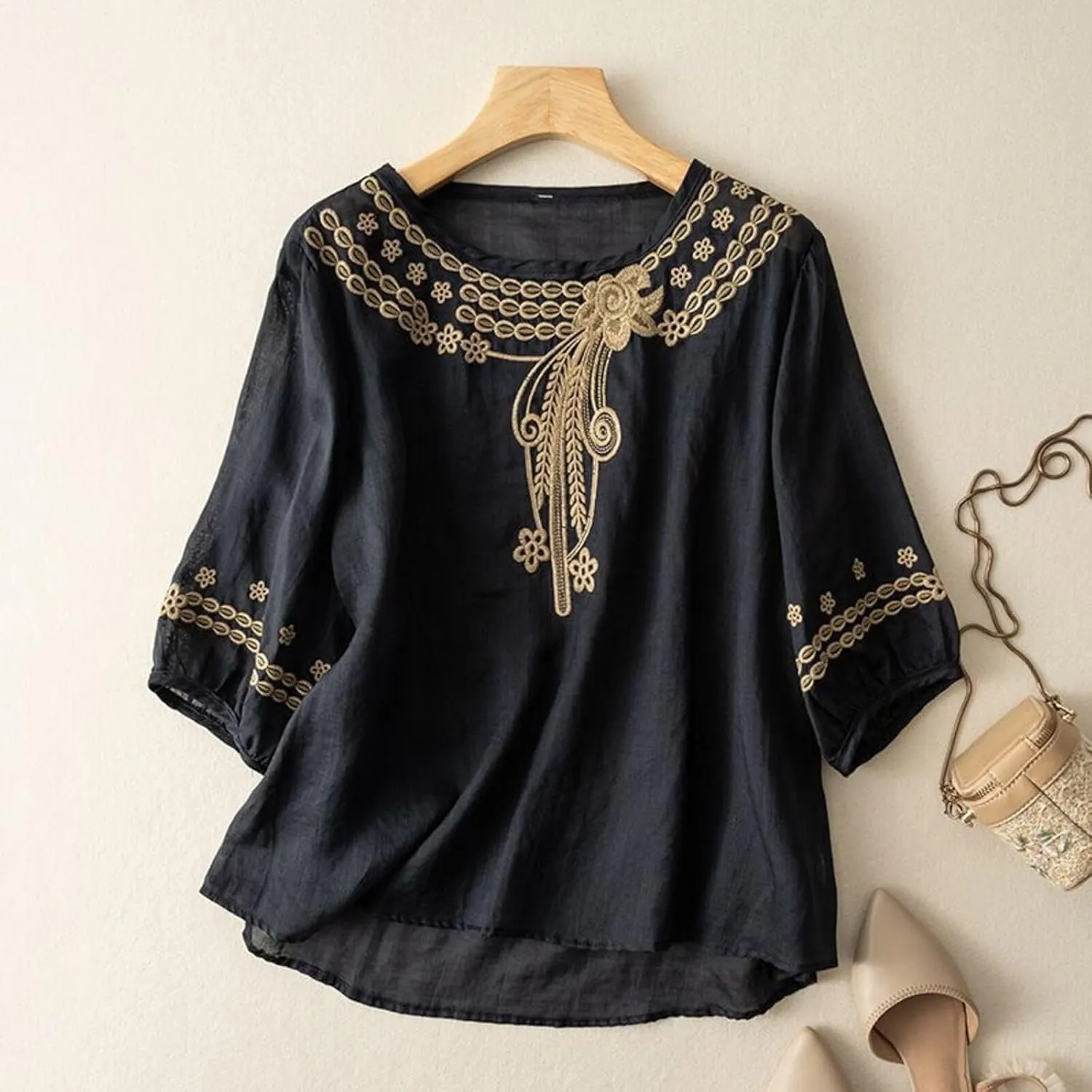 Women Cotton Linen Shirts Crew Neck Short Half Sleeve Floral Embroidered Casual Loose Tunic Tee Shirts Tops Blouse