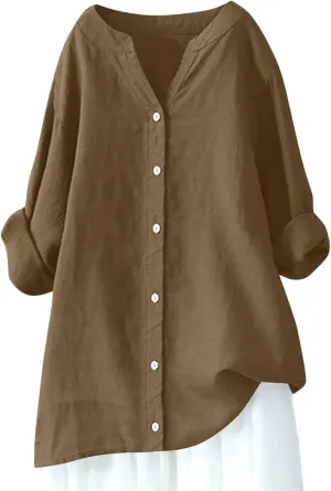 Women Cotton Linen Shirts Roll Up 3/4 Sleeve Summer Tops V Neck Button Down Blouse Loose Fit Casual Gauze Tee Shirt