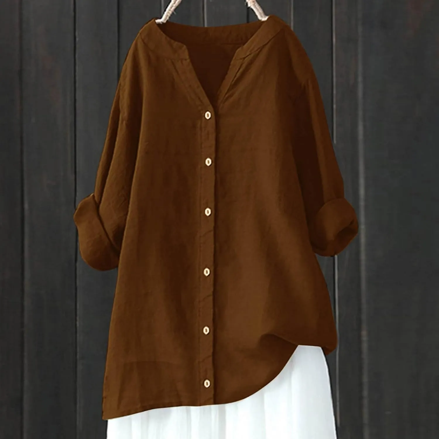 Women Cotton Linen Shirts Roll Up 3/4 Sleeve Summer Tops V Neck Button Down Blouse Loose Fit Casual Gauze Tee Shirt