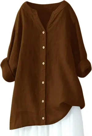 Women Cotton Linen Shirts Roll Up 3/4 Sleeve Summer Tops V Neck Button Down Blouse Loose Fit Casual Gauze Tee Shirt