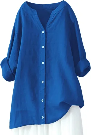 Women Cotton Linen Shirts Roll Up 3/4 Sleeve Summer Tops V Neck Button Down Blouse Loose Fit Casual Gauze Tee Shirt