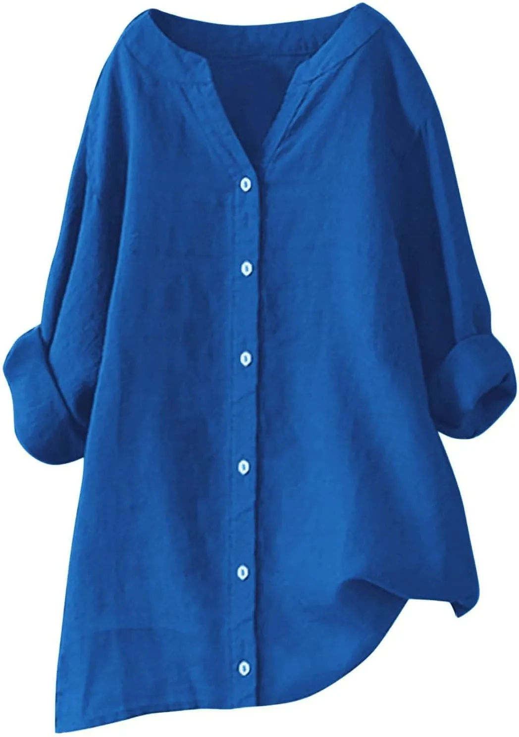 Women Cotton Linen Shirts Roll Up 3/4 Sleeve Summer Tops V Neck Button Down Blouse Loose Fit Casual Gauze Tee Shirt
