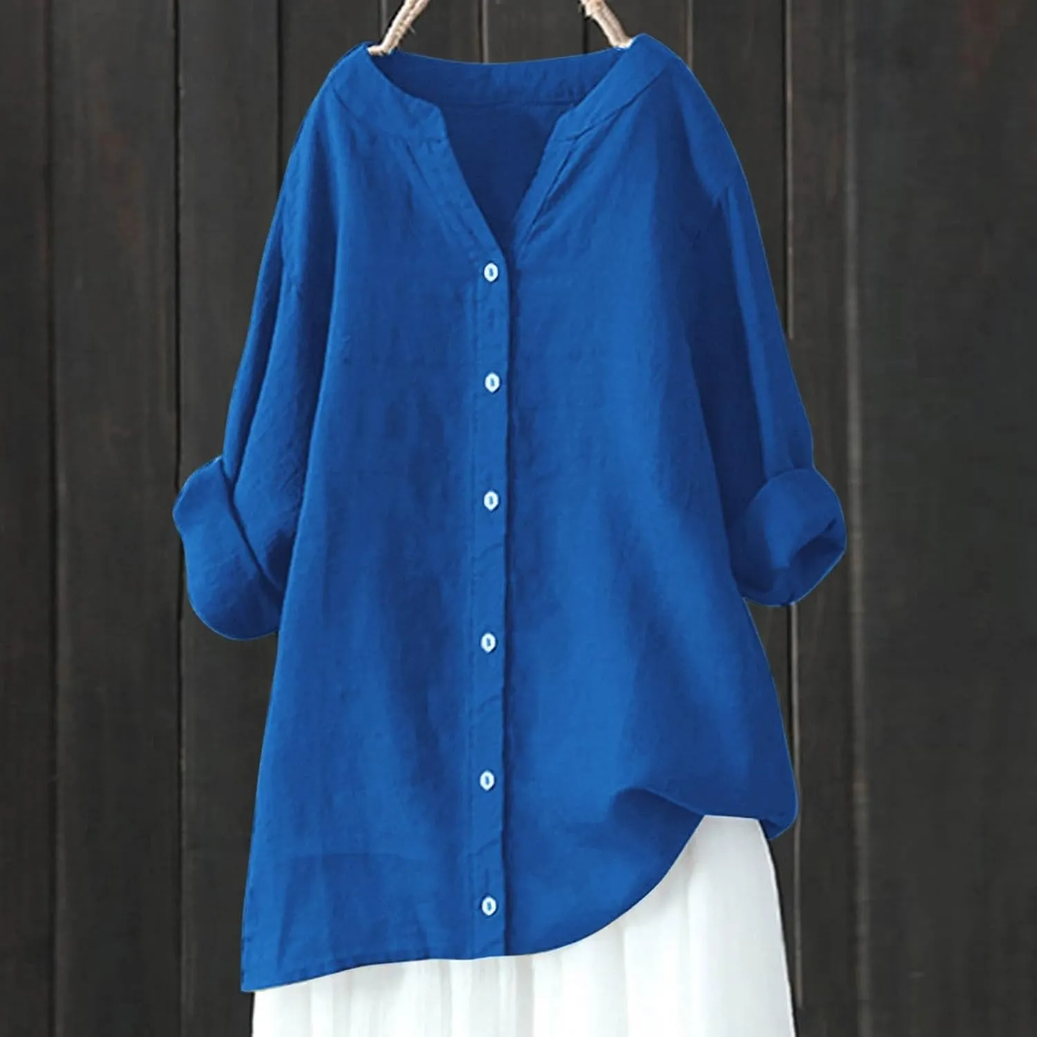 Women Cotton Linen Shirts Roll Up 3/4 Sleeve Summer Tops V Neck Button Down Blouse Loose Fit Casual Gauze Tee Shirt