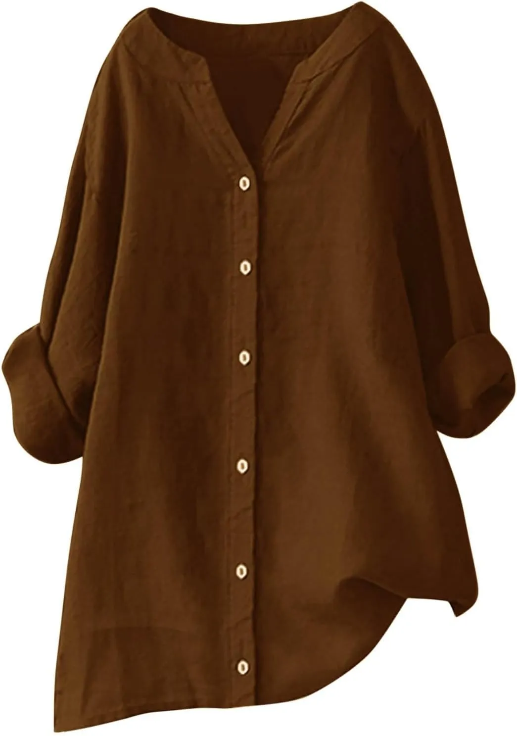 Women Cotton Linen Shirts Roll Up 3/4 Sleeve Summer Tops V Neck Button Down Blouse Loose Fit Casual Gauze Tee Shirt