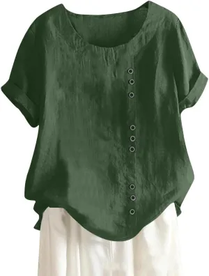 Women Cotton Linen Short Sleeve Shirts Summer Boho Floral Print Blouses Casual Button Loose Tunic Tops