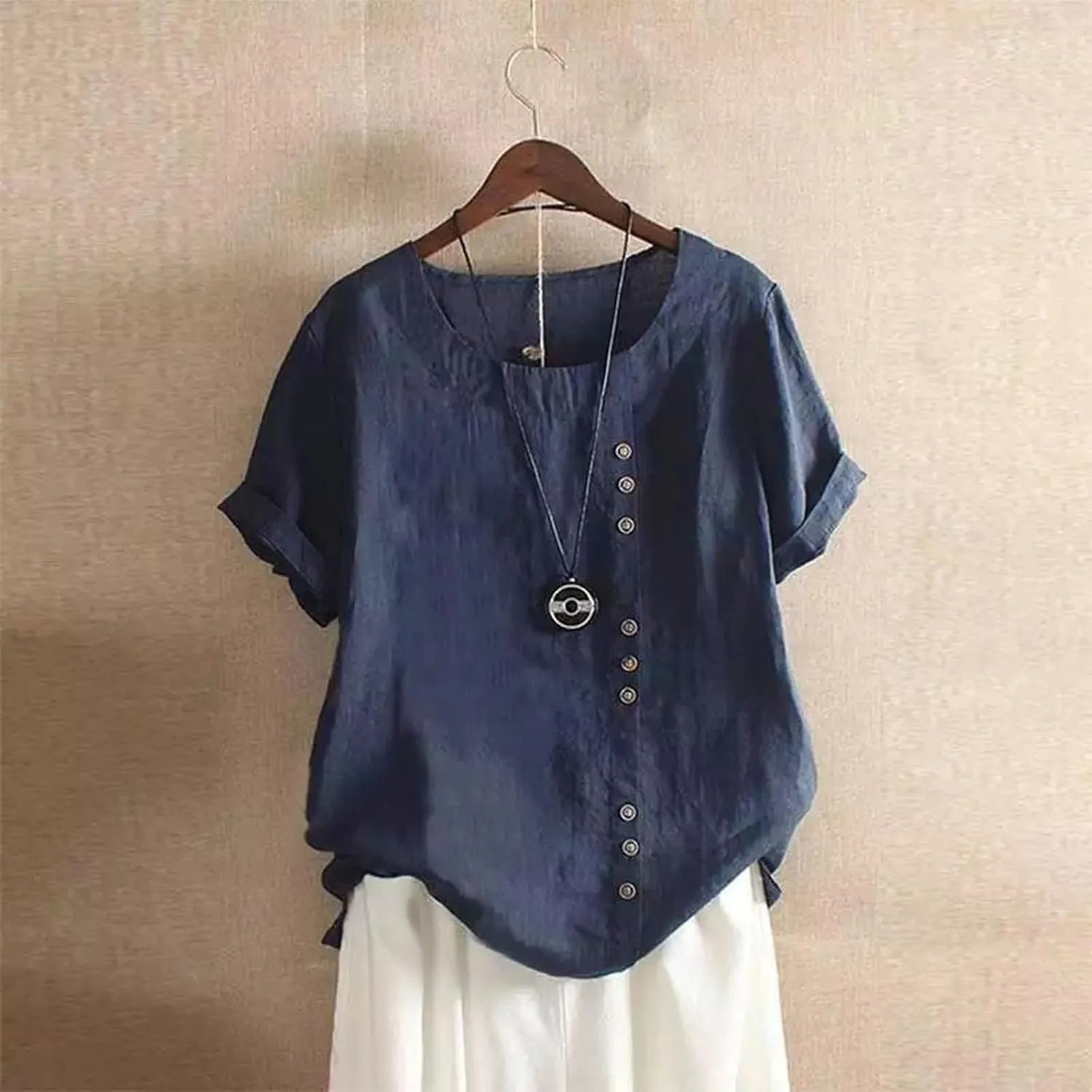 Women Cotton Linen Short Sleeve Shirts Summer Boho Floral Print Blouses Casual Button Loose Tunic Tops