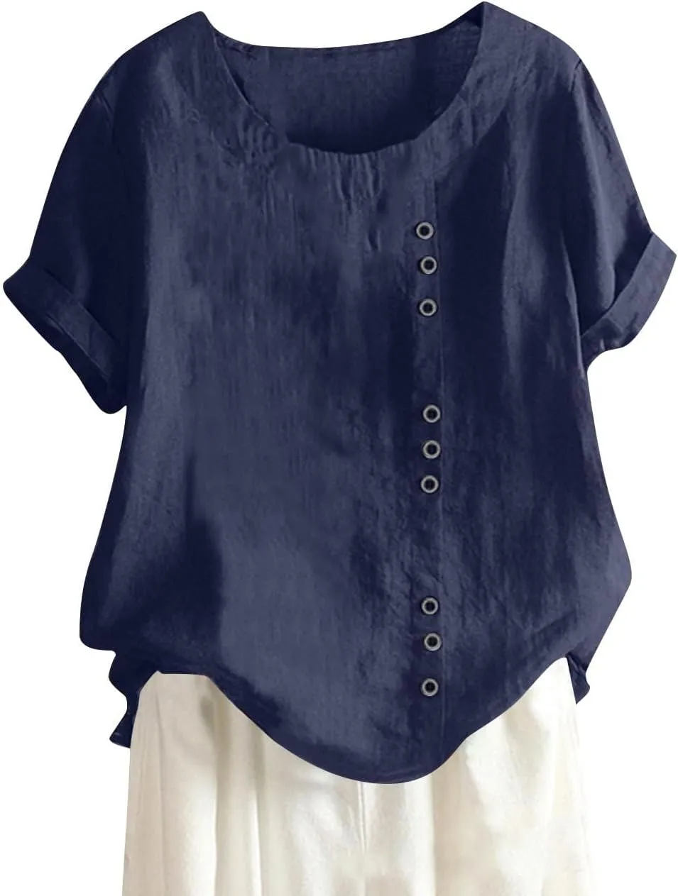 Women Cotton Linen Short Sleeve Shirts Summer Boho Floral Print Blouses Casual Button Loose Tunic Tops
