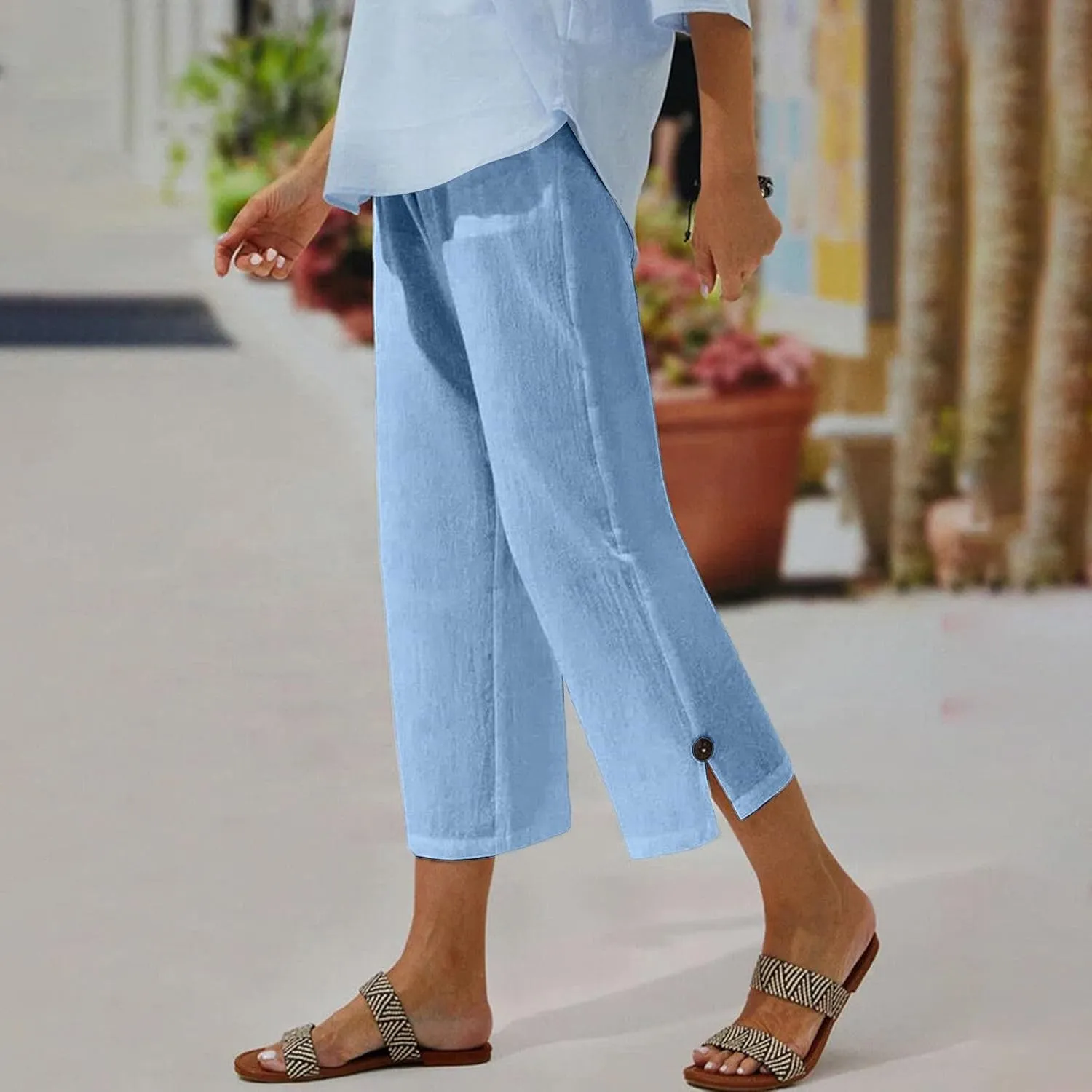 Women Linen Pants Summer and Linen Buttoned Cropped Pants with Elastic Waist for Women's Womens Linen Pants Straight Leg
