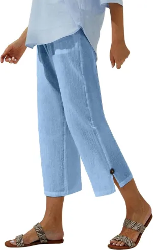 Women Linen Pants Summer and Linen Buttoned Cropped Pants with Elastic Waist for Women's Womens Linen Pants Straight Leg