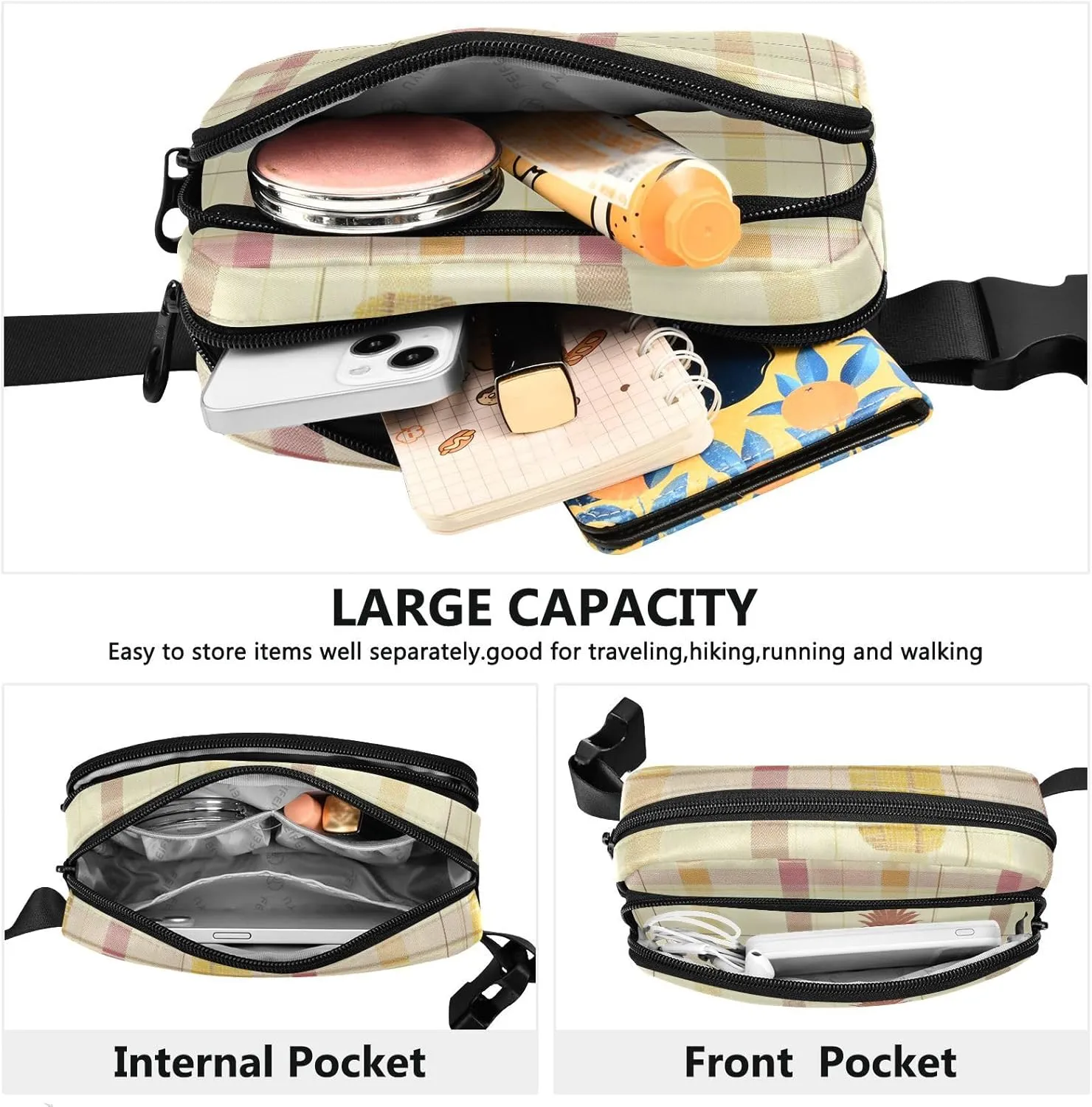 Women Men Crossbody Belt Bag Water Resistant Multipurpose Waist Bags Fanny Pack Croose Body Purse for Travel Running Hiking, Buffalo Plaid Check Yellow Rose Gold Pineapple