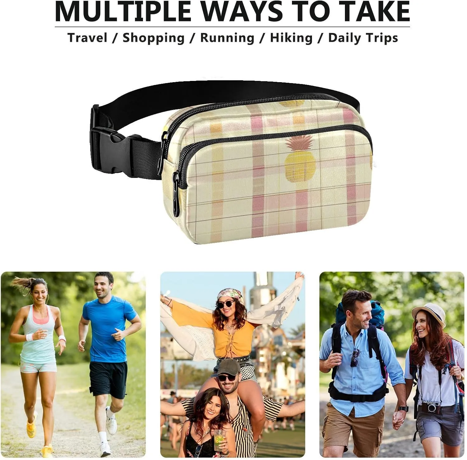 Women Men Crossbody Belt Bag Water Resistant Multipurpose Waist Bags Fanny Pack Croose Body Purse for Travel Running Hiking, Buffalo Plaid Check Yellow Rose Gold Pineapple