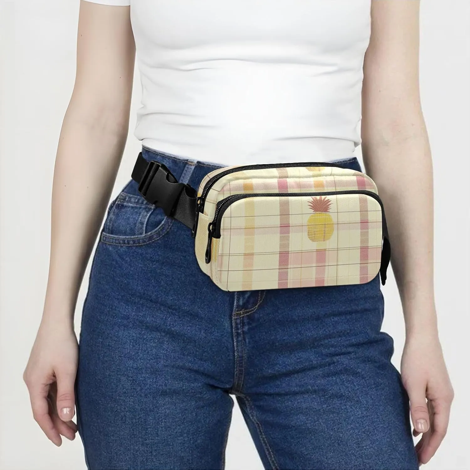 Women Men Crossbody Belt Bag Water Resistant Multipurpose Waist Bags Fanny Pack Croose Body Purse for Travel Running Hiking, Buffalo Plaid Check Yellow Rose Gold Pineapple