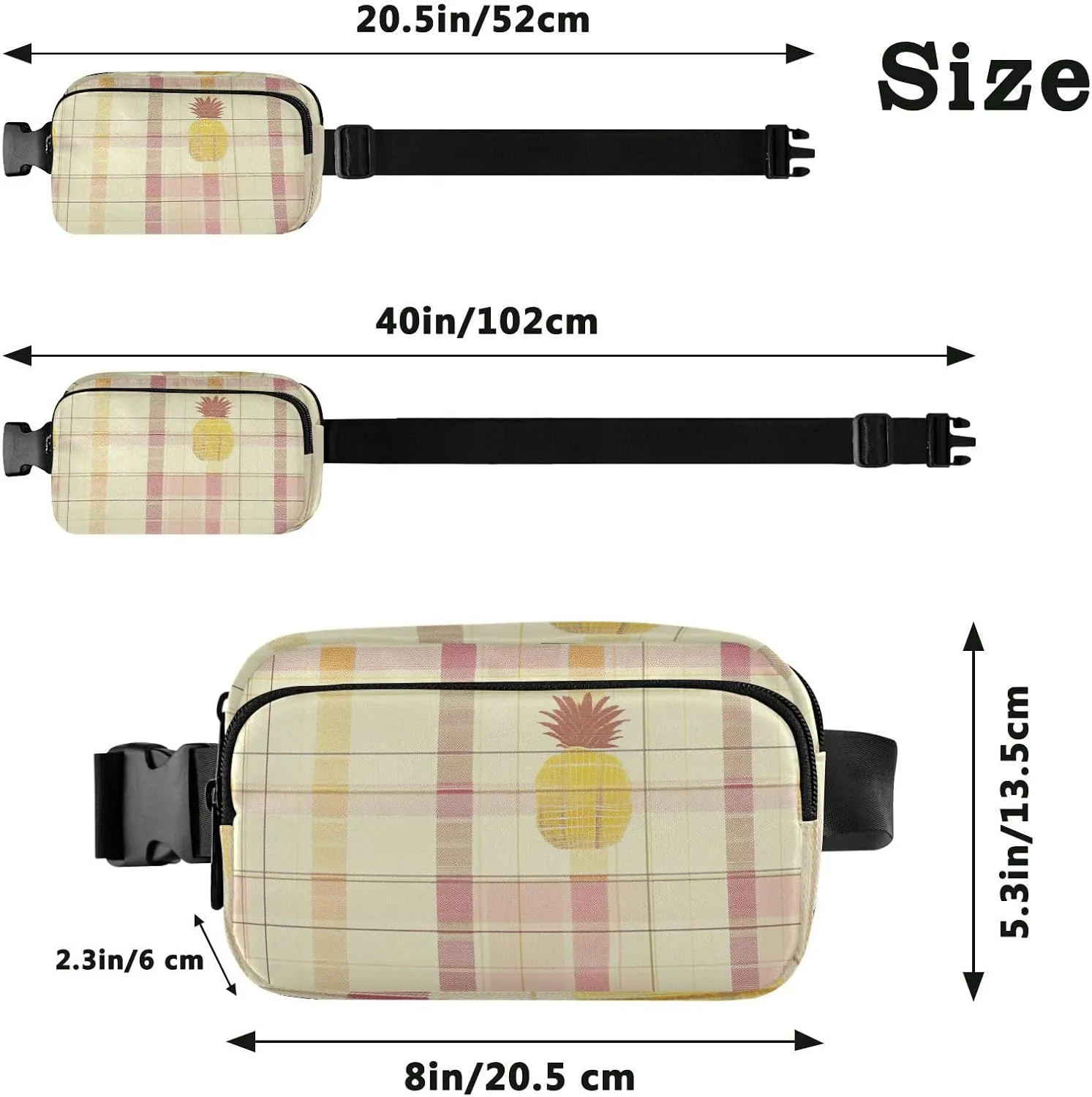 Women Men Crossbody Belt Bag Water Resistant Multipurpose Waist Bags Fanny Pack Croose Body Purse for Travel Running Hiking, Buffalo Plaid Check Yellow Rose Gold Pineapple