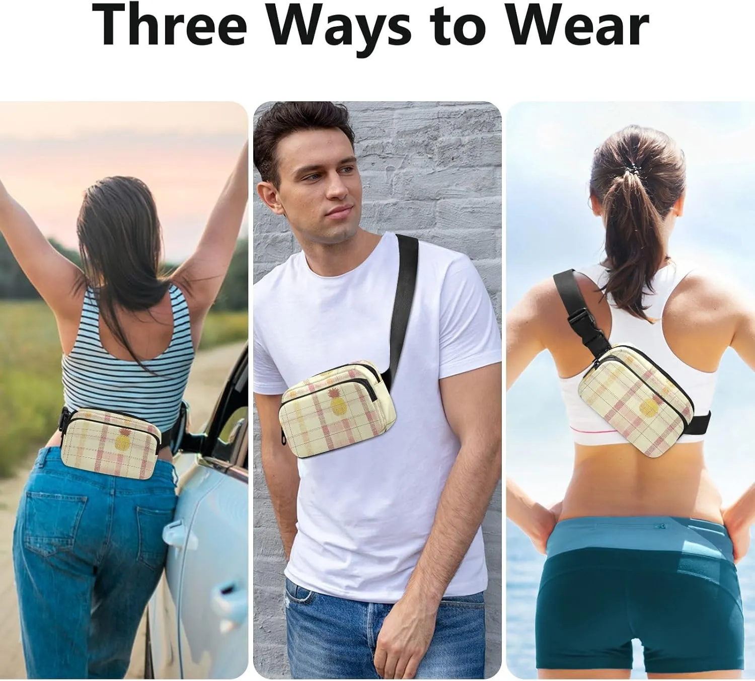 Women Men Crossbody Belt Bag Water Resistant Multipurpose Waist Bags Fanny Pack Croose Body Purse for Travel Running Hiking, Buffalo Plaid Check Yellow Rose Gold Pineapple