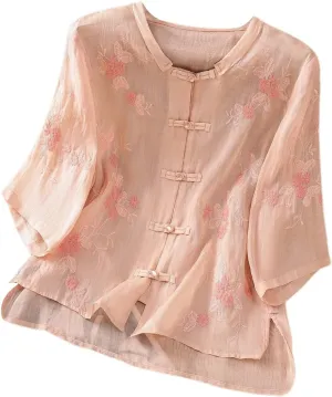 Women Short Sleeve Linen Shirt Casual V-Neck Henley T-Shirt Retro Loose Fit Summer Tee Tops
