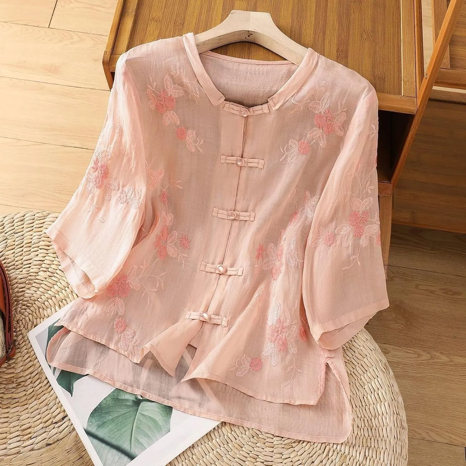 Women Short Sleeve Linen Shirt Casual V-Neck Henley T-Shirt Retro Loose Fit Summer Tee Tops