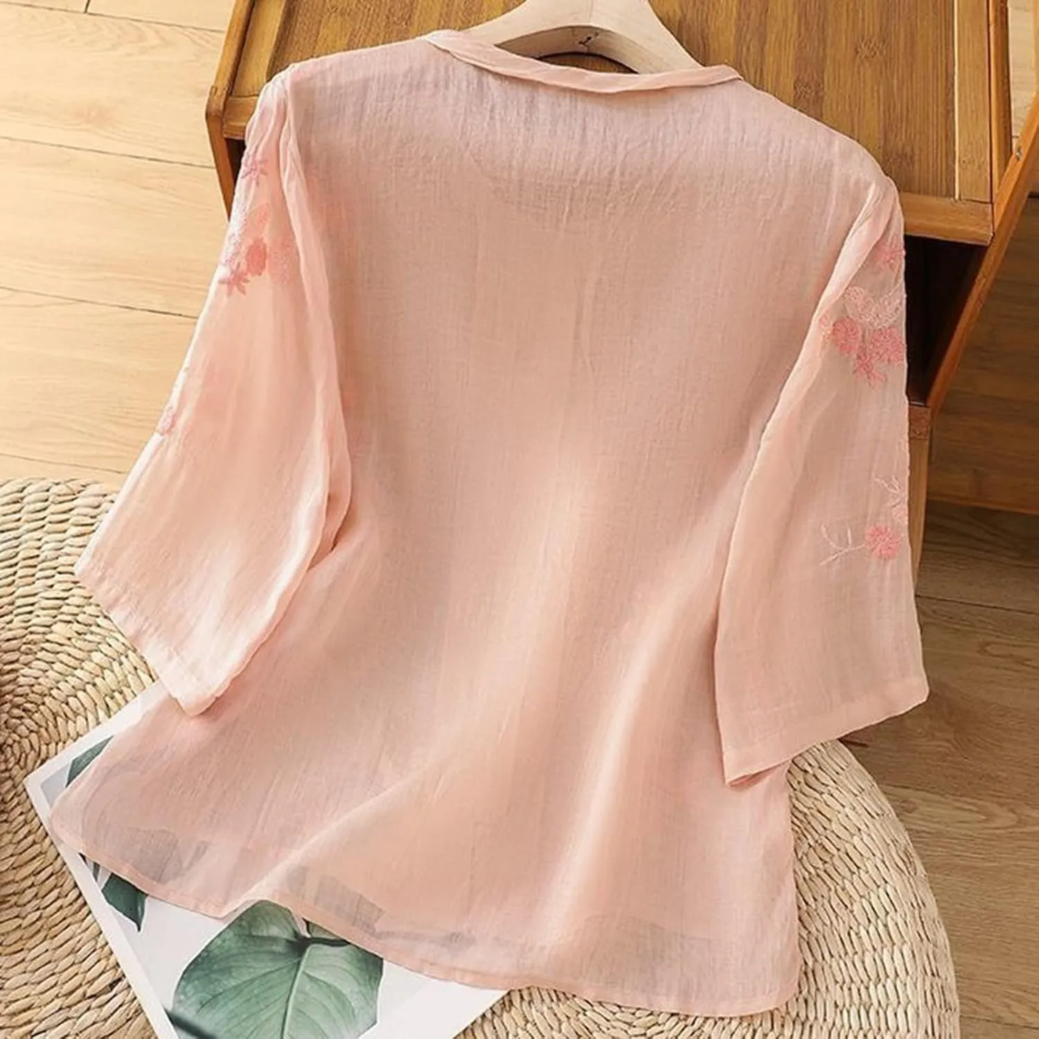 Women Short Sleeve Linen Shirt Casual V-Neck Henley T-Shirt Retro Loose Fit Summer Tee Tops