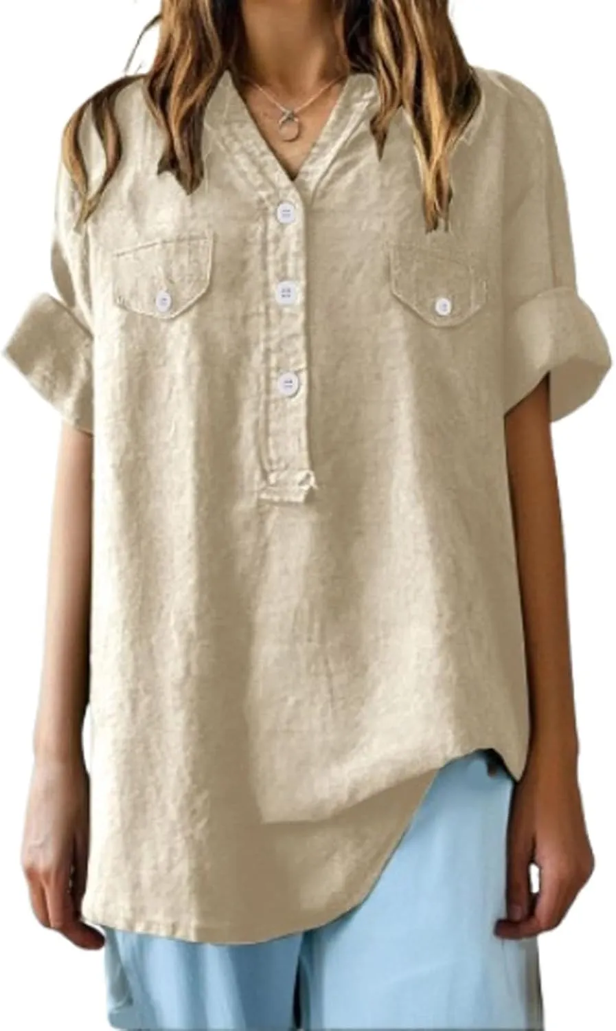 Women Summer Beach Linen Henley Shirts Short Sleeve Button v Neck Tunic Blouses 2025 Trendy Casual Loose Dressy Tops