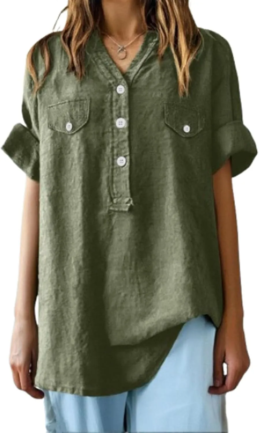 Women Summer Beach Linen Henley Shirts Short Sleeve Button v Neck Tunic Blouses 2025 Trendy Casual Loose Dressy Tops