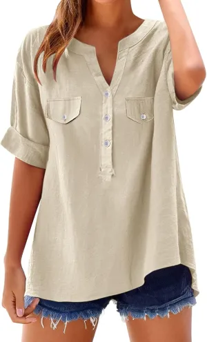 Women Summer Beach Linen Henley Shirts Short Sleeve Button v Neck Tunic Blouses 2025 Trendy Casual Loose Dressy Tops