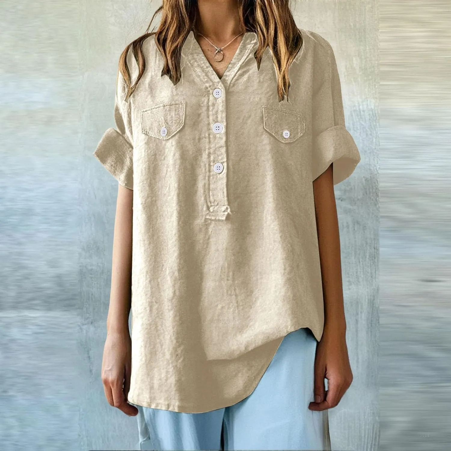Women Summer Beach Linen Henley Shirts Short Sleeve Button v Neck Tunic Blouses 2025 Trendy Casual Loose Dressy Tops