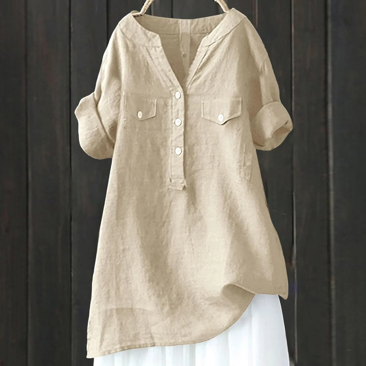 Women Summer Beach Linen Henley Shirts Short Sleeve Button v Neck Tunic Blouses 2025 Trendy Casual Loose Dressy Tops
