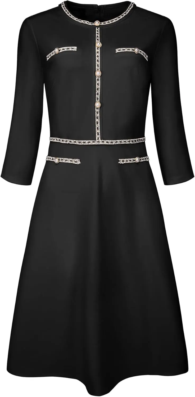 Women's 3/4 Sleeve Elegant A-Line Office Tweed Church Dresses
